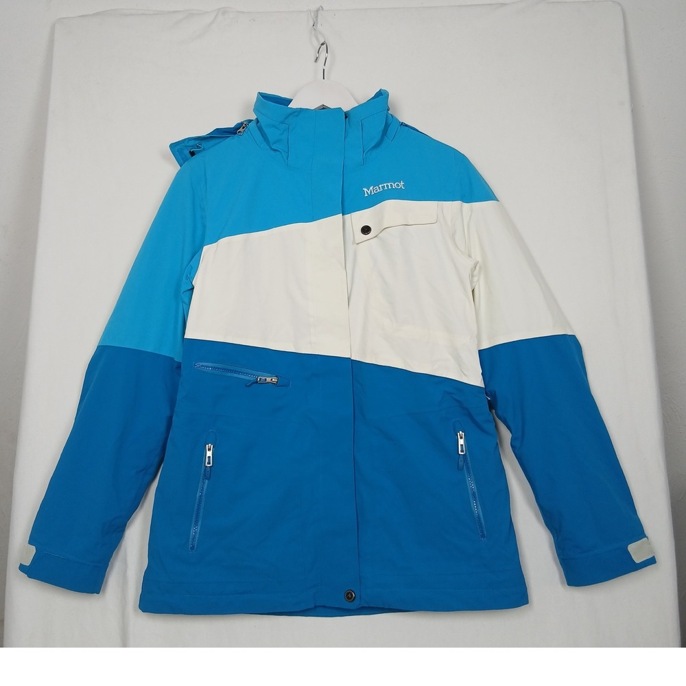 Marmot Womens Blue White Colorblock Hooded Ski Snowboard Jacket Sz M